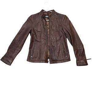 Black rivet Chocolate Leather Jacket with Floral Interior XS